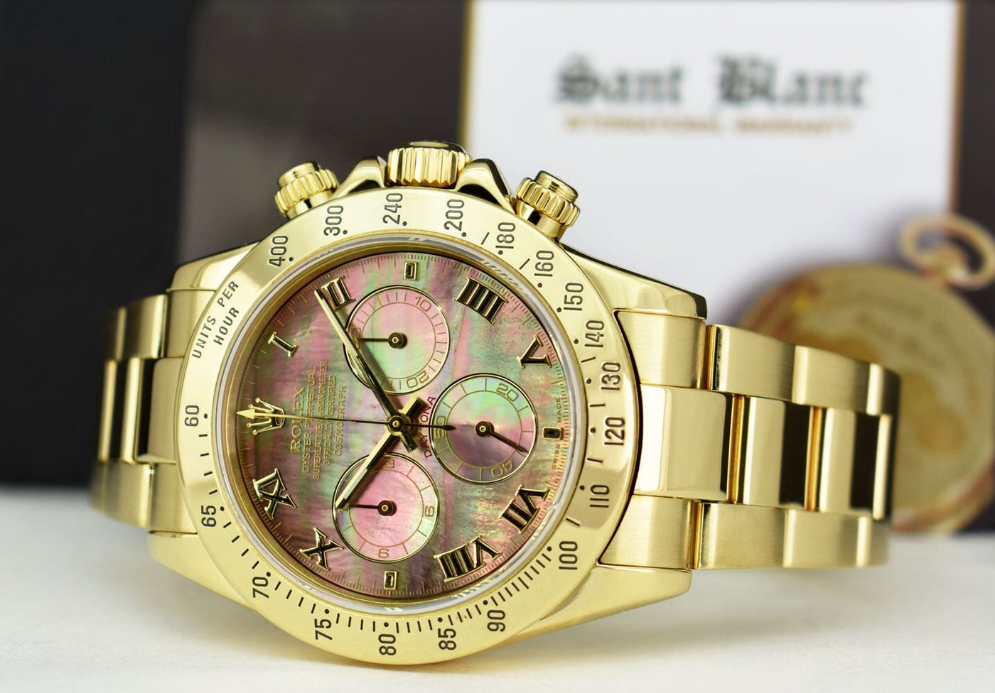 ROLEX Mens 18kt Gold Daytona Tahitian Mother Of Pearl Roman Model