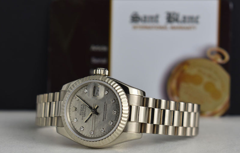ROLEX Ladies 18kt White Gold President Mother Of Pearl Diamond Pearl Dial Model 179179