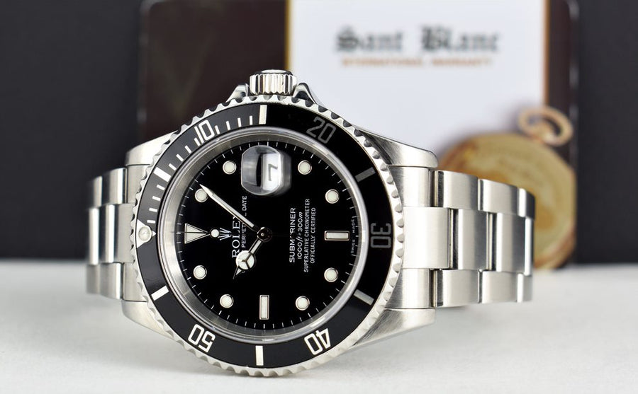 ROLEX Mens Stainless Steel Submariner Black Dial No Holes 16610 Sant Blanc