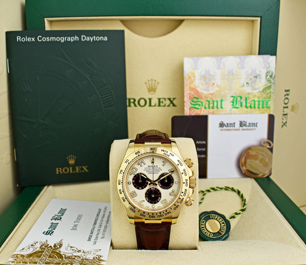 ROLEX Rehaut Mens 18kt Gold Daytona Panda Dial Burgundy Strap Model 116518