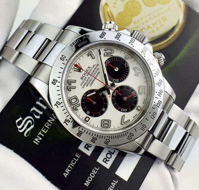 ROLEX Mens Stainless Daytona White Panda Red Hands Fat Buckle Model 116520
