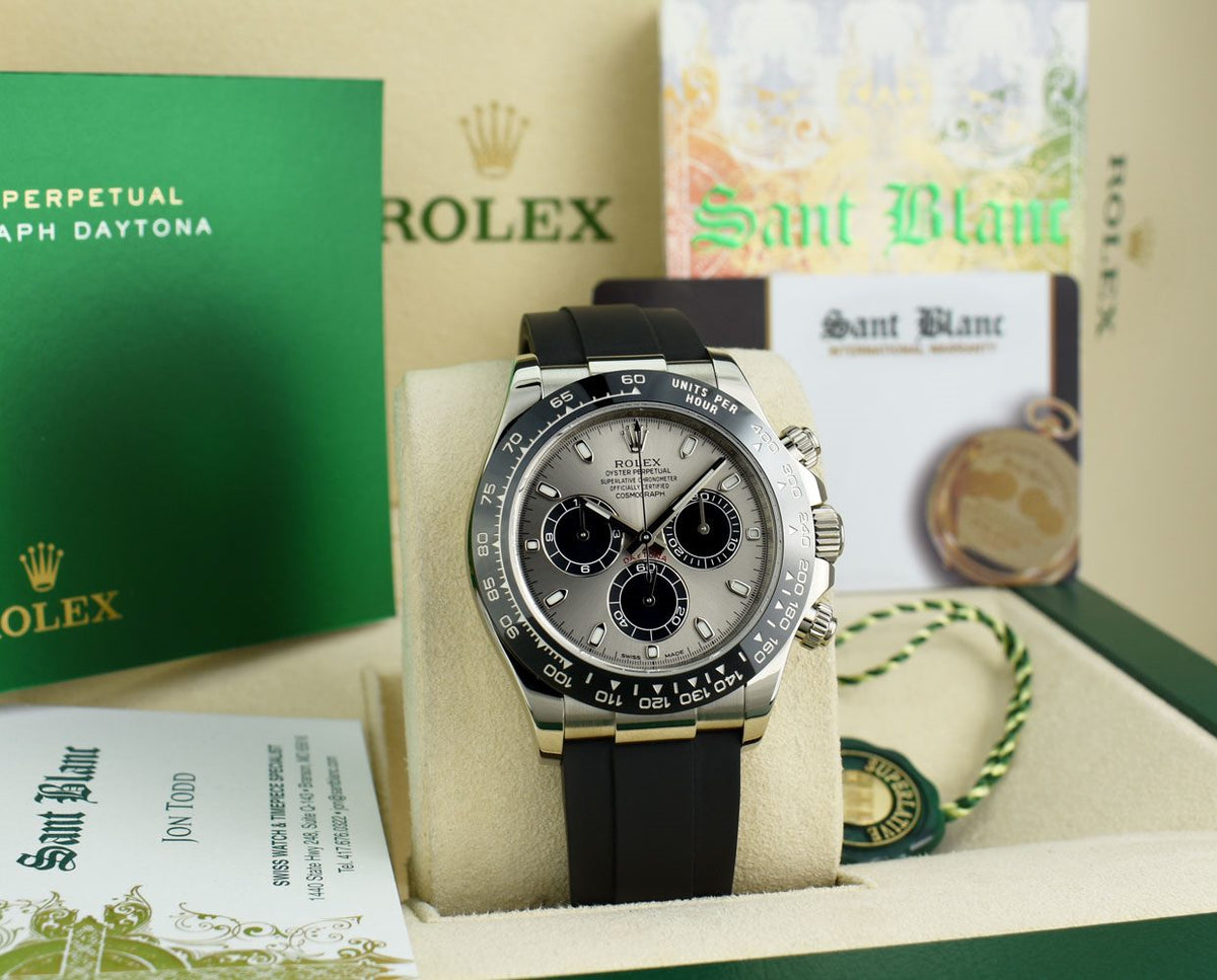 ROLEX 40mm 18kt White Gold Daytona Steel Index Dial Ceramic Bezel Mode Sant Blanc