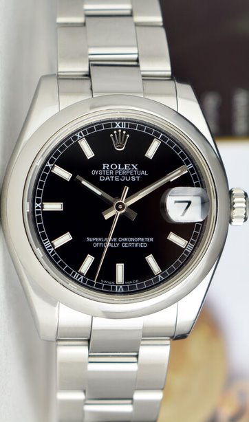 ROLEX 31mm Mid-Size Stainless Steel Datejust Black Index Model 178240