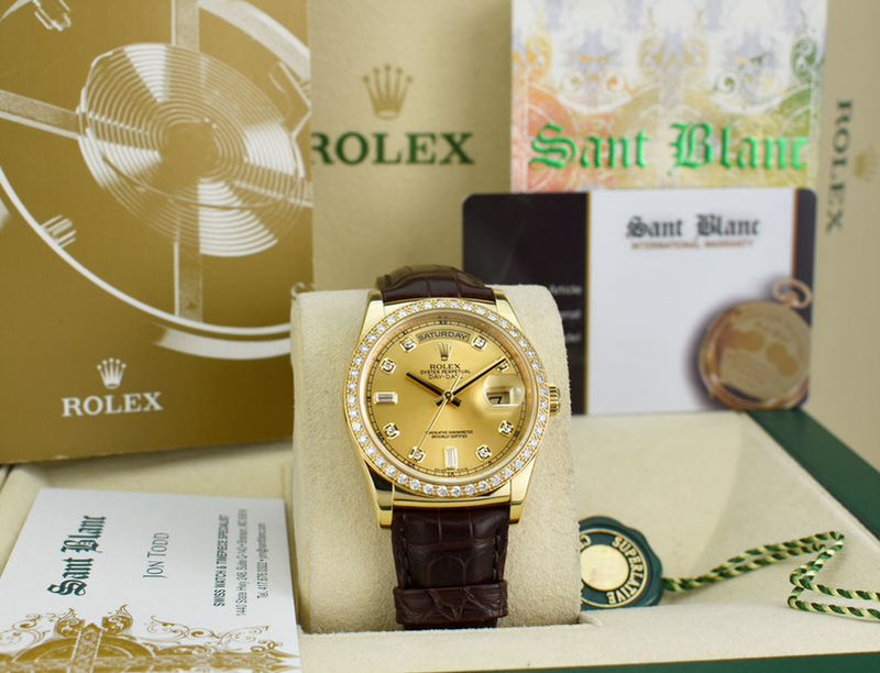 ROLEX 36mm 18kt Gold Day Date Champagne Dial Diamond Bezel Model 118138