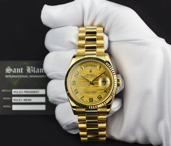 ROLEX 36mm 18kt Gold Day Date PRESIDENT Champagne Wave Dial FAT BUCKLE Model 118238