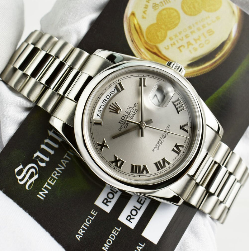 ROLEX Platinum President Day Date 36 Rhodium Roman Dial Fat Buckle Model 118206
