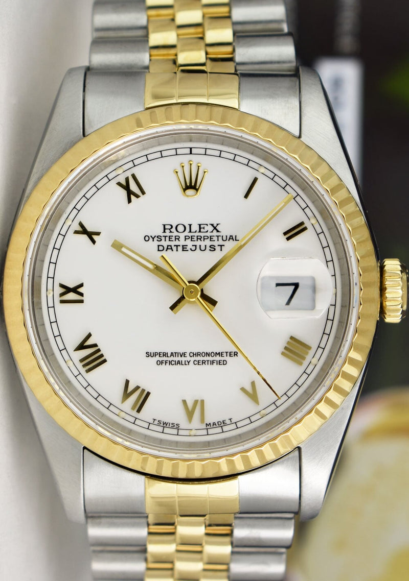 ROLEX Mens 18kt Gold & Stainless Steel DateJust White Roman Box & Books Model 16233