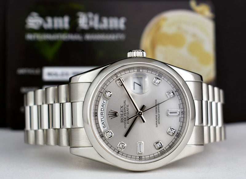 ROLEX - Day Date 36 Platinum President Silver Diamond Fat Buckle Model 118206