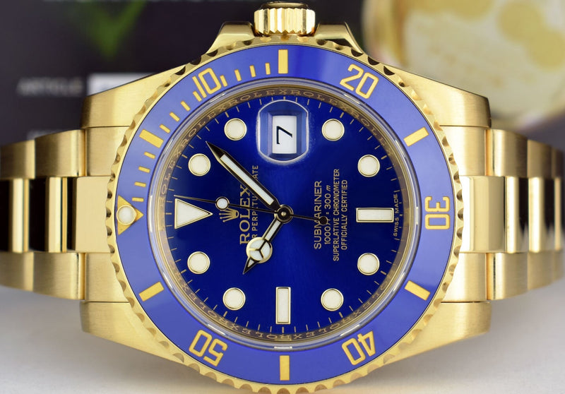 ROLEX Mens 18kt Gold Submariner Blue Ceramic Box Model 116618 LB