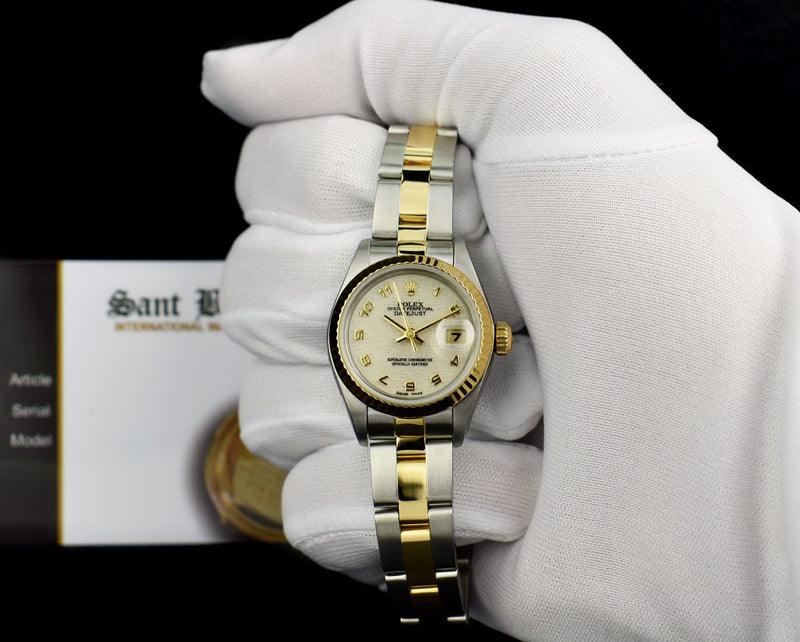 ROLEX Ladies 26mm 18kt Gold & Stainless Steel DateJust Ivory Jubilee Arabic Dial