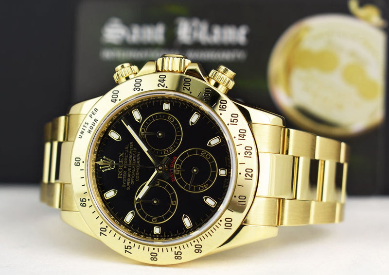 ROLEX Rehaut Mens 18kt Gold Daytona Chronograph Black Index Dial Model 116528