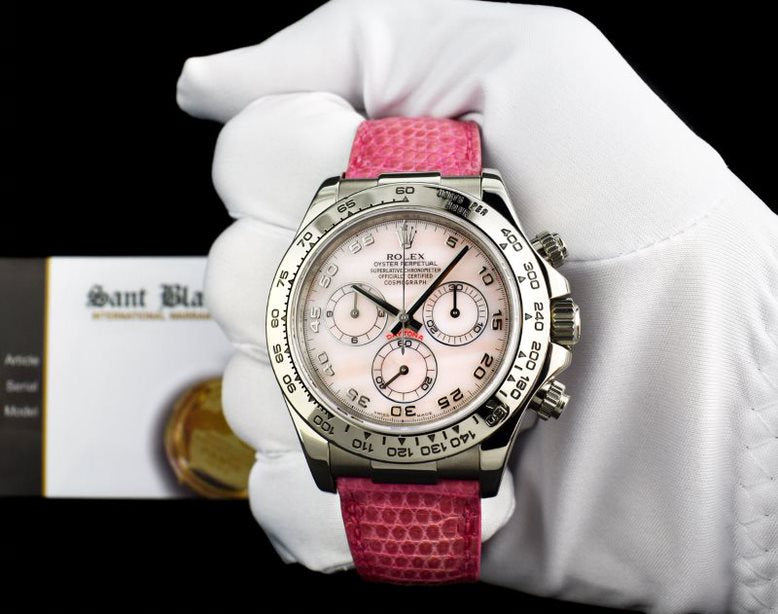 ROLEX 40mm White Gold DAYTONA Rose MOP Arabic Pink Strap 116519 – Sant Blanc
