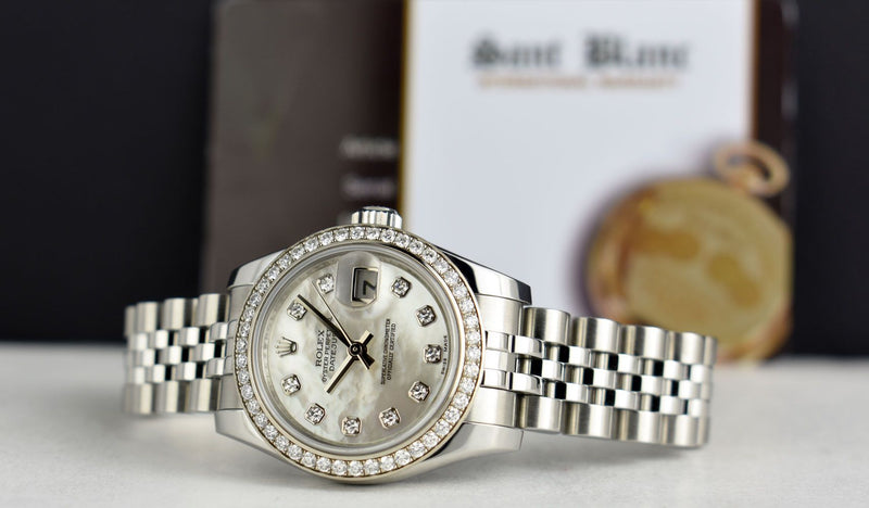 ROLEX LADIES 18kt White Gold & SS Datejust MOP Diamond Dial Jubilee Band Model 179384