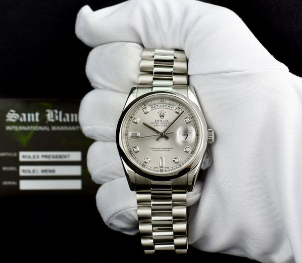 ROLEX - Day Date 36 Platinum President Silver Diamond Fat Buckle Model 118206