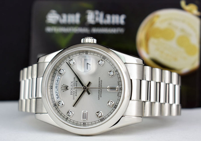 ROLEX - Day Date 36 Platinum President Silver Diamond Fat Buckle Model 118206