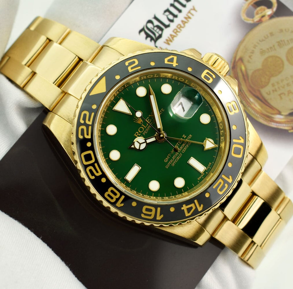 ROLEX 18kt Gold GMT Master II Ceramic Green Dial Card Box Books etc Sant Blanc