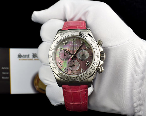 ROLEX 40mm White Gold Daytona Tahitian Mother of Pearl Roman Pink Strap Model 116519