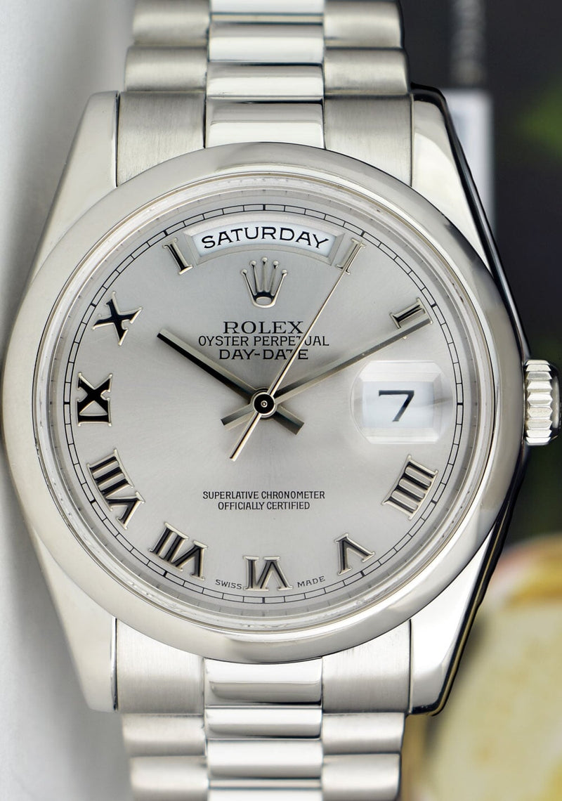 ROLEX Platinum President Day Date 36 Rhodium Roman Dial Fat Buckle Model 118206