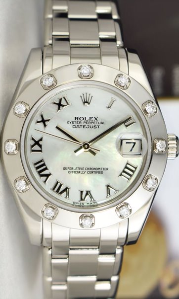ROLEX Midsize White Gold Pearlmaster Datejust Mother of Pearl Roman Dial Model 81319