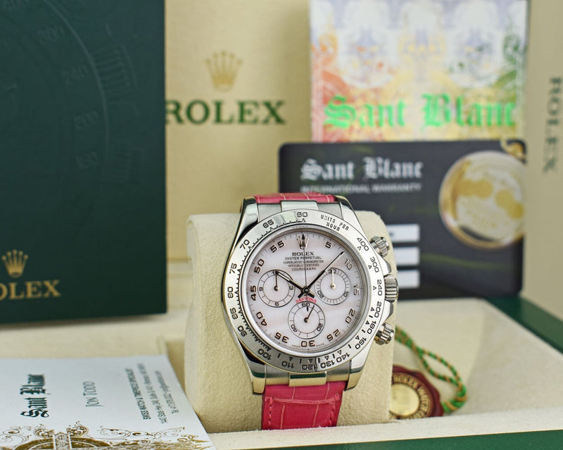 ROLEX 18kt White Gold Daytona Rose MOP Arabic Dial on Pink Crocodile Strap Model 116519