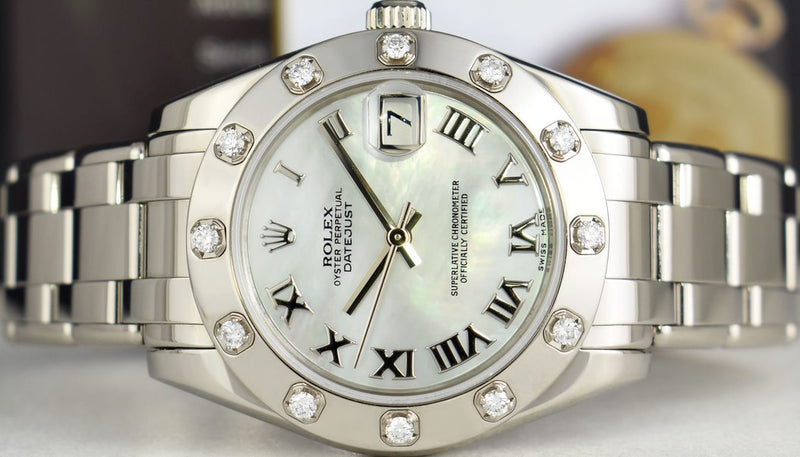ROLEX Midsize White Gold Pearlmaster Datejust Mother of Pearl Roman Dial Model 81319