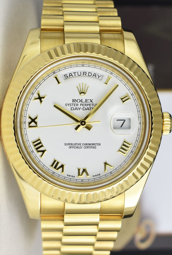 ROLEX 41mm 18kt Gold Day Date II President White Roman Dial Model 218238