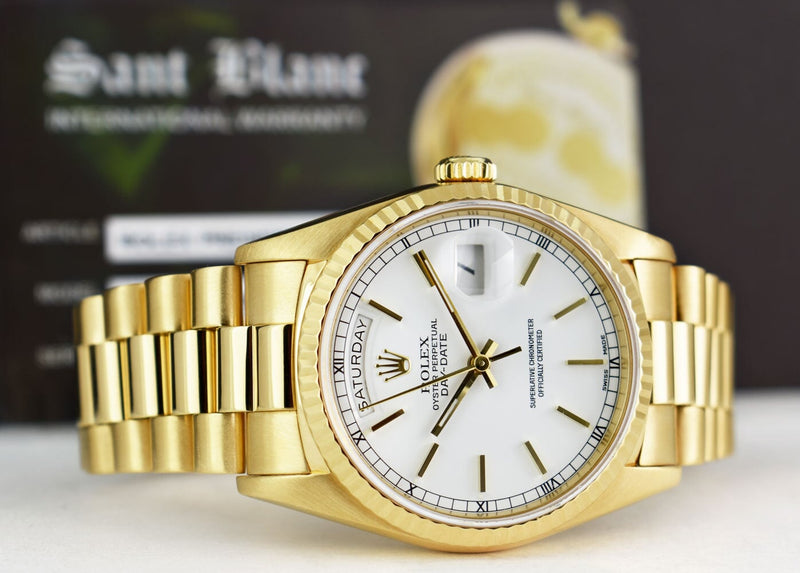 ROLEX Mens 18kt Gold Day Date President White Stick Dial with Box & Books Model 18238