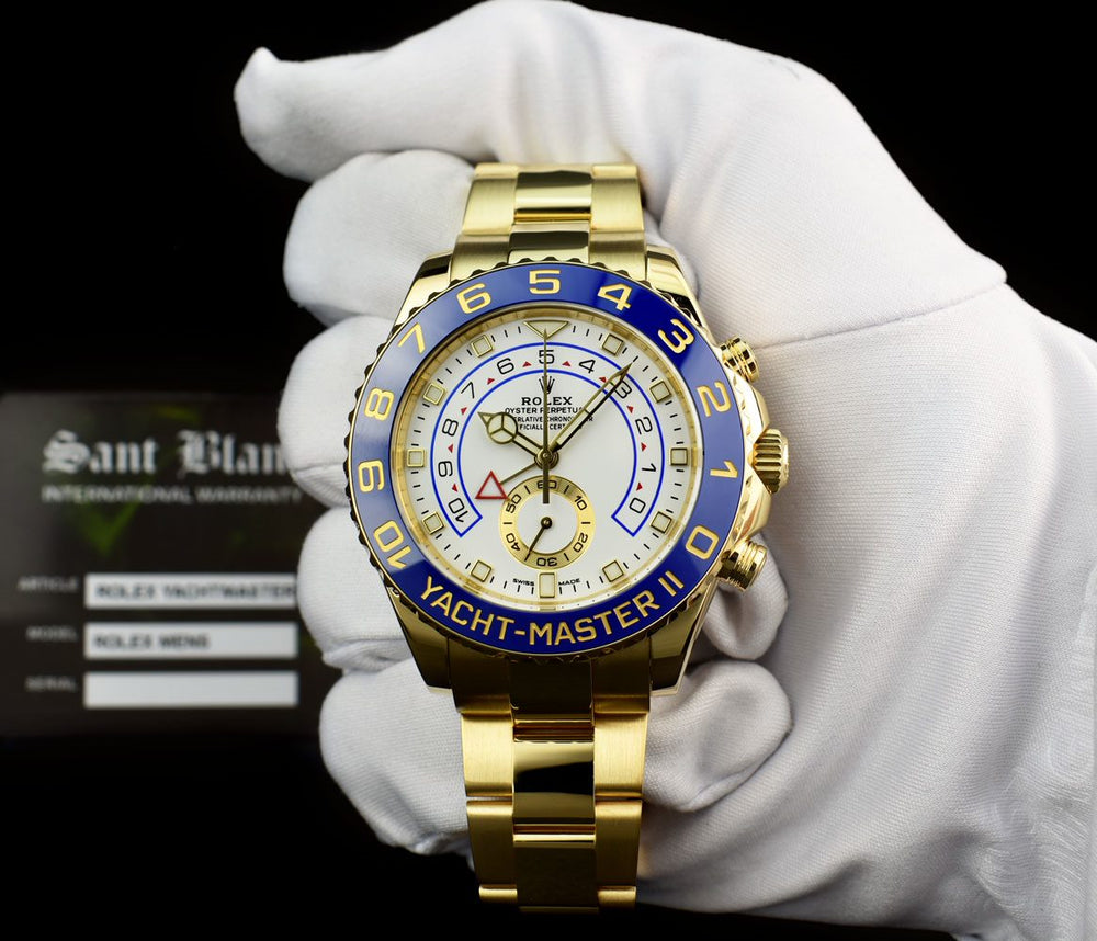 ROLEX 44mm 18kt Gold YachtMaster II Mercedes Hands Card 116688