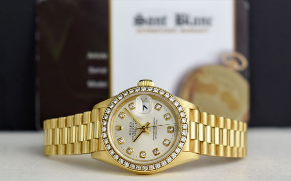 ROLEX Ladies 18kt Gold President 26 Silver Diamond Full Diamond 69178