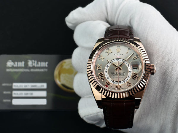 ROLEX 18kt Rose Gold Sky Dweller Silver Sunray Roman Dial Model 326135