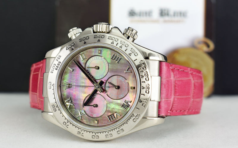 ROLEX 40mm White Gold Daytona Tahitian Mother of Pearl Roman Pink Strap Model 116519