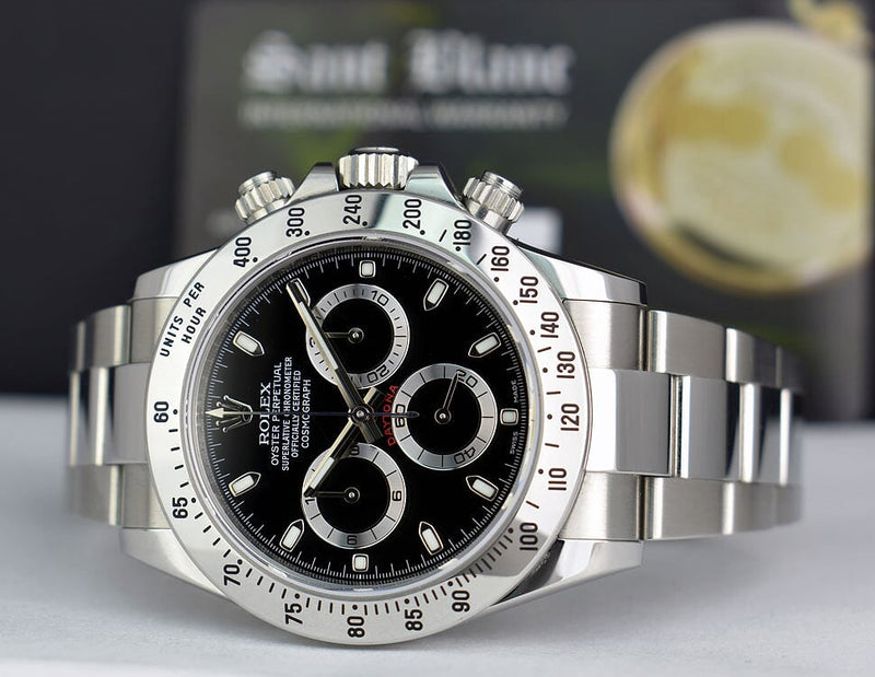 ROLEX 40mm Stainless Steel Daytona Black Index Dial Fat Clasp Box & Card Model 116520