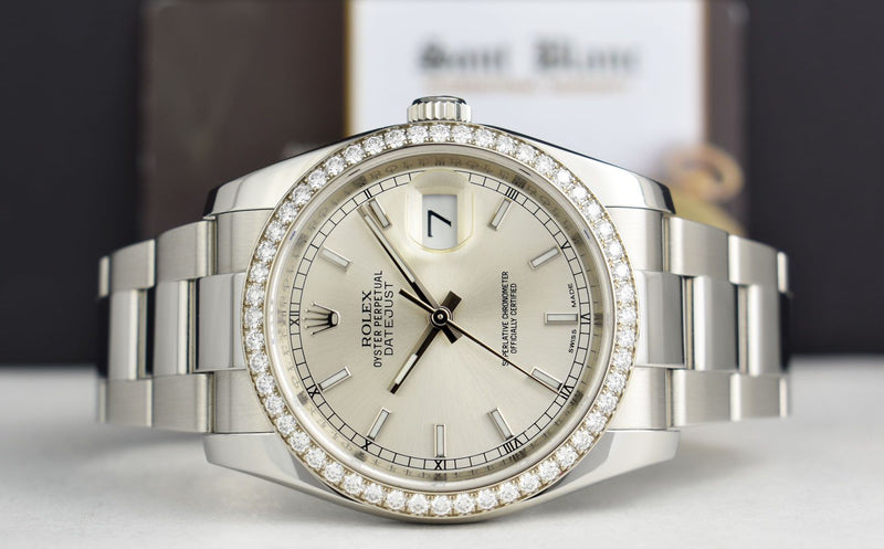 ROLEX - 18kt White Gold & Ss DateJust Silver Index Diamond Bezel - Model 116200
