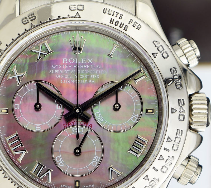 ROLEX 40mm White Gold Daytona Tahitian Mother of Pearl Roman Pink Strap Model 116519