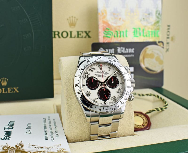 ROLEX Mens Stainless Daytona White Panda Red Hands Fat Buckle Model 116520