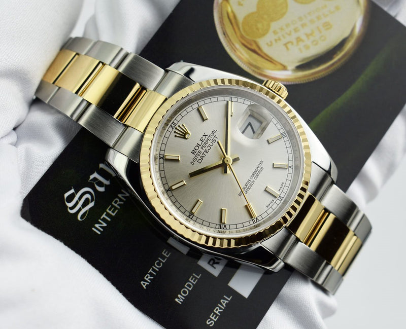 ROLEX 36mm 18kt Gold & Stainless Steel Datejust 36 Silver Index Dial Model 116233