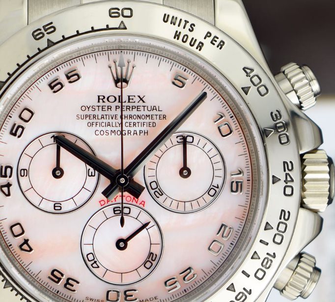 ROLEX 18kt White Gold Daytona Rose Mother of Pearl Dial Lizzard Pink Strap Model 116519