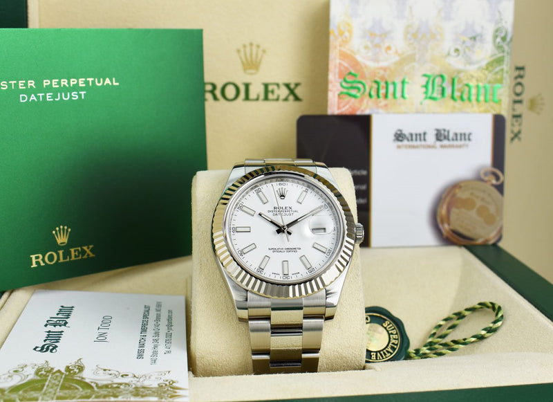 ROLEX Mens 41mm White Gold & Stainless Steel DateJust II White Index Dial Model 116334