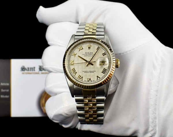 36mm 18kt Gold & Stainless Steel DateJust Ivory Pyramid Roman Dial Model 16233