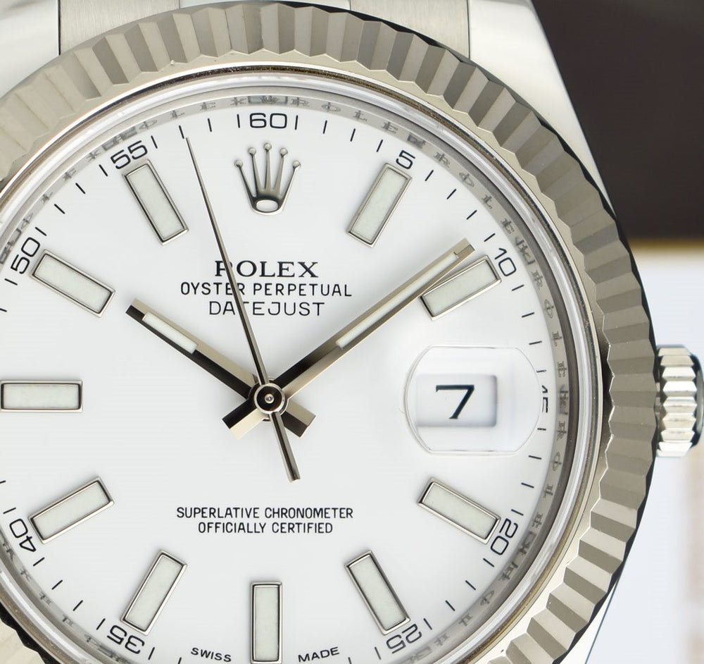ROLEX Mens 41mm White Gold Stainless Steel DateJust II White Index D Sant Blanc