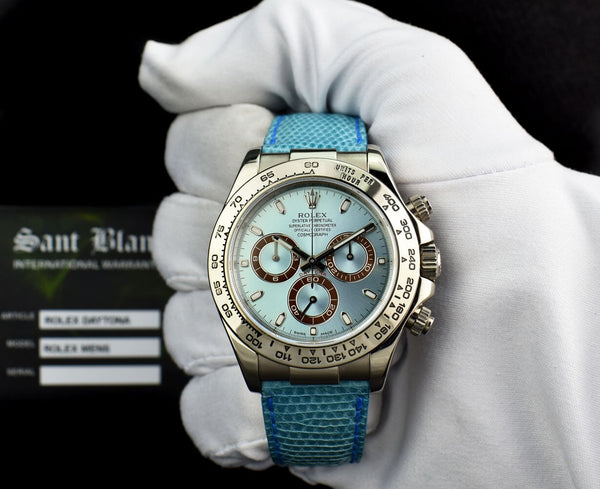 ROLEX 18kt White Gold Daytona Lizard Strap Glacier Ice Blue Dial Model 116519