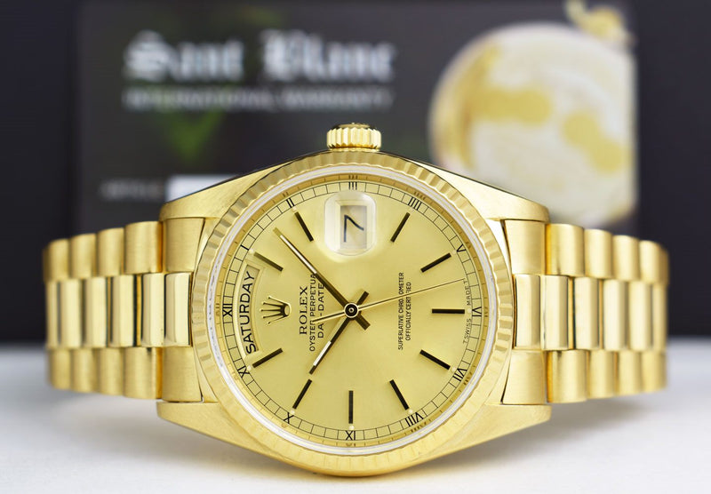 ROLEX 36mm 18kt Gold Day Date President Champagne Stick Dial Model 18038