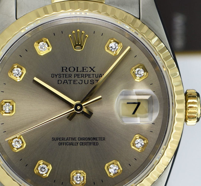 ROLEX Mens 36mm 18kt Gold & Stainless Steel DateJust Rhodium Diamond Dial Model 16233
