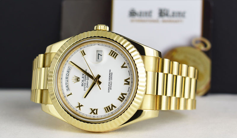 ROLEX 41mm 18kt Gold Day Date II President White Roman Dial Model 218238*