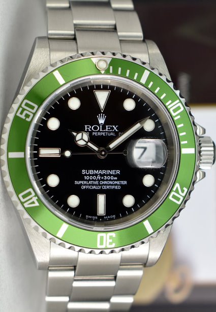 ROLEX 40mm Stainless Submariner Black Dial Green Bezel Kermit Model 16610