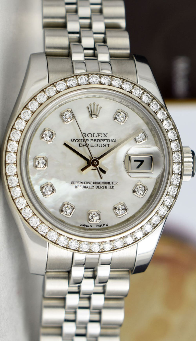 ROLEX LADIES 18kt White Gold & SS Datejust MOP Diamond Dial Jubilee Band Model 179384