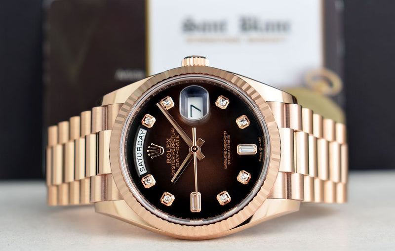 ROLEX 2020 18kt Rose Gold Day Date 36 President Brown Ombre Diamond Dial Model 128235