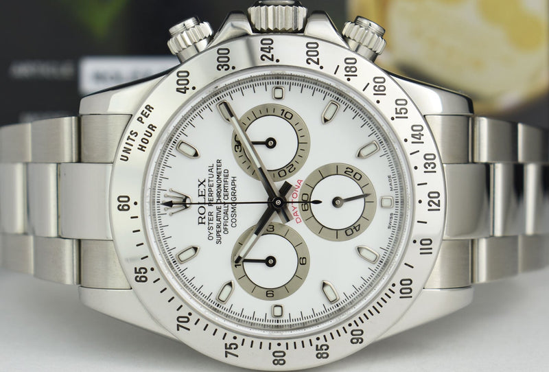 ROLEX 40mm Stainless Daytona White Index Dial Fat Clasp Model 116520