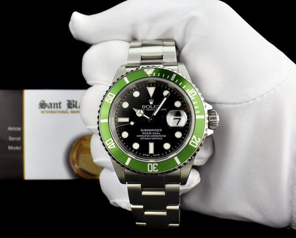 ROLEX 40mm Stainless Submariner Black Dial Green Bezel Kermit Model 16610