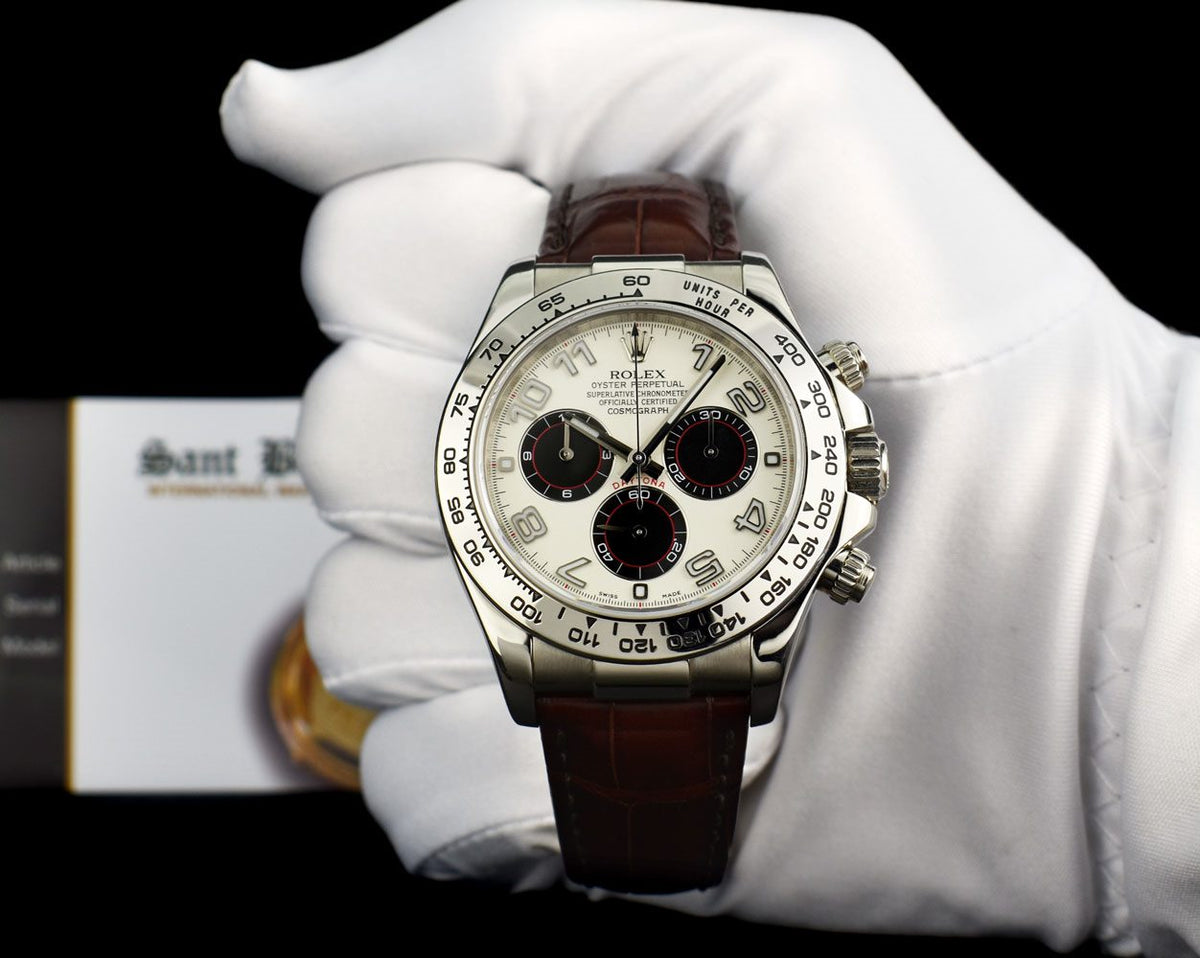 ROLEX 18kt White Gold Daytona White Panda Dial Chocolate Strap Model 1 Sant Blanc